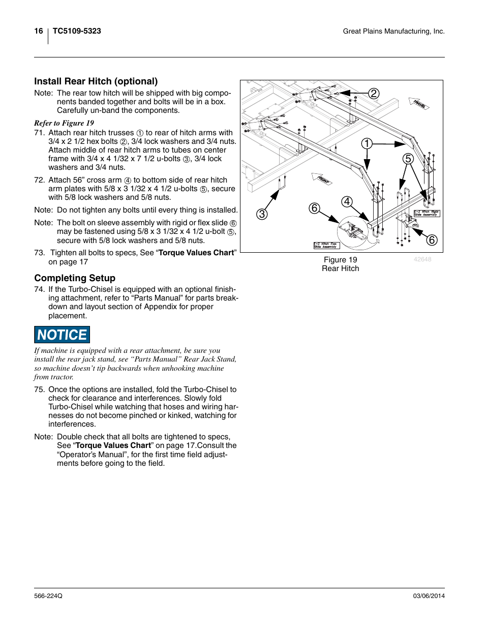 Install rear hitch (optional), Completing setup, Install rear hitch (optional) completing setup | Great Plains TC5319 (S/N A1420X+) Predelivery Manual User Manual | Page 20 / 64