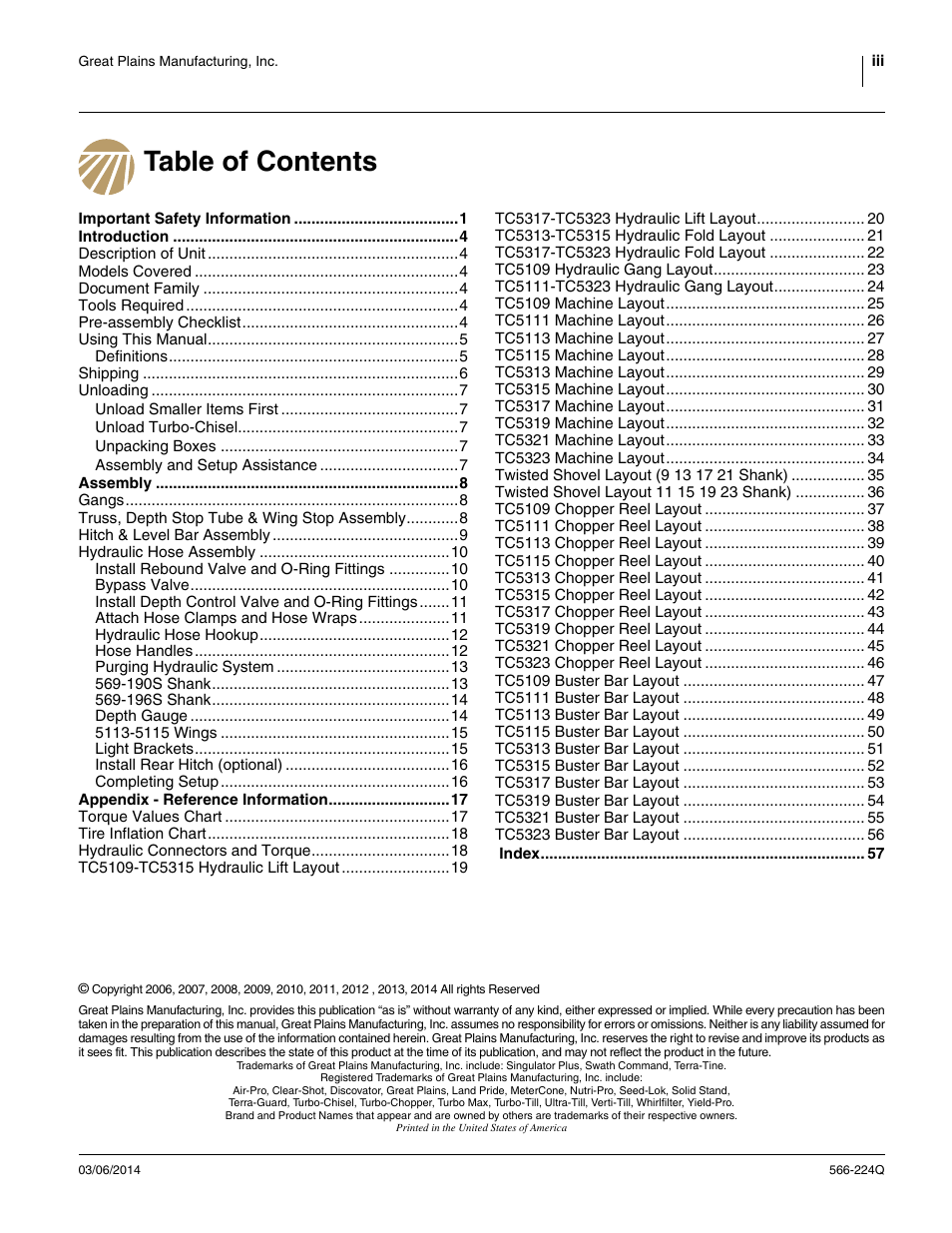 Great Plains TC5319 (S/N A1420X+) Predelivery Manual User Manual | Page 3 / 64