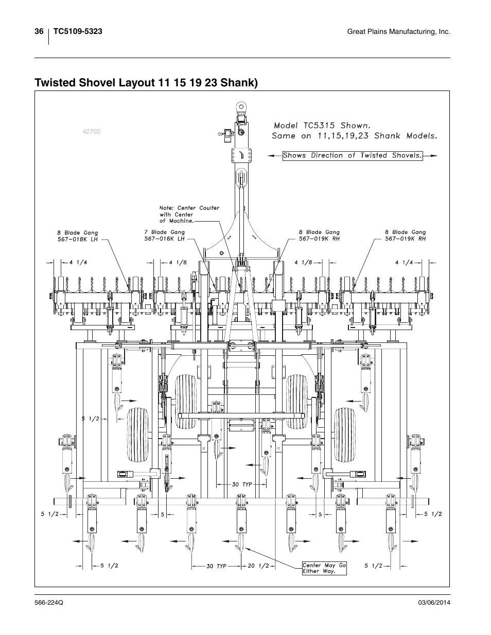 Twisted shovel layout 11 15 19 23 shank) | Great Plains TC5319 (S/N A1420X+) Predelivery Manual User Manual | Page 40 / 64
