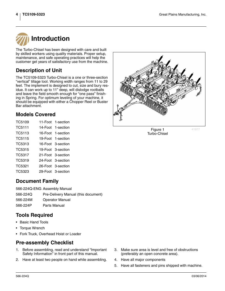 Introduction, Description of unit, Models covered | Document family, Tools required, Pre-assembly checklist, Models covered document family tools required | Great Plains TC5319 (S/N A1420X+) Predelivery Manual User Manual | Page 8 / 64