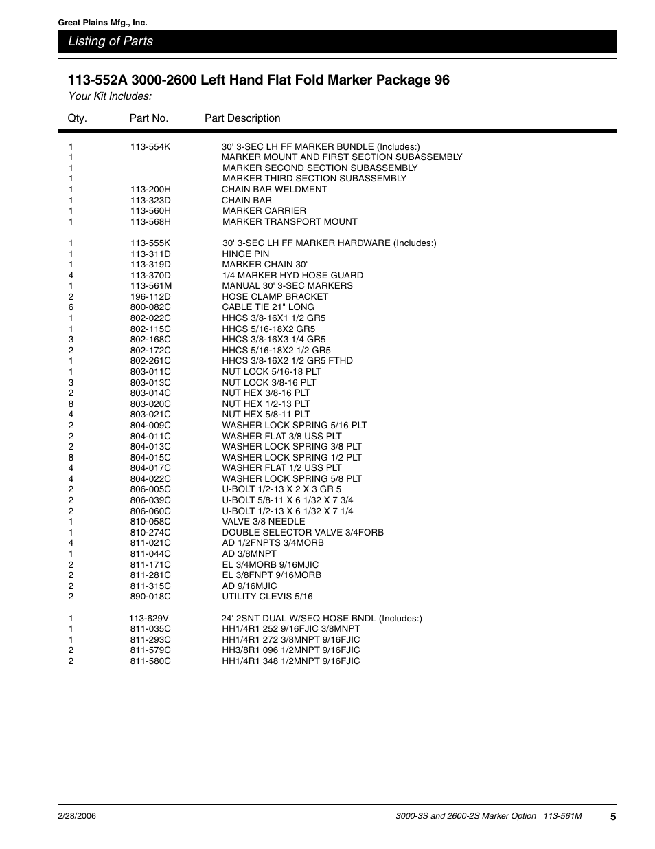 Listing of parts | Great Plains 2600-2S Assembly Instructions User Manual | Page 5 / 9