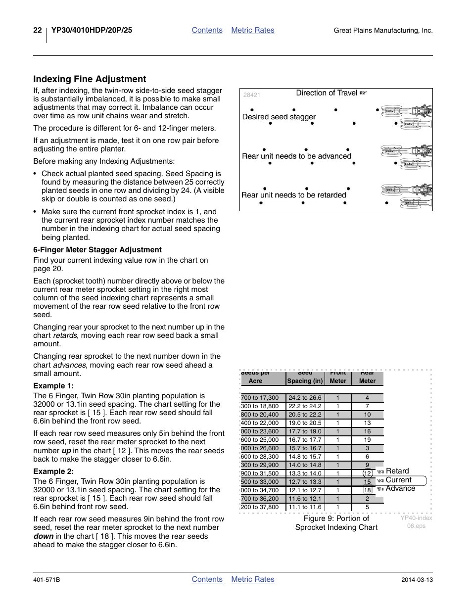 Indexing fine adjustment, Finger meter stagger adjustment, Example 1 | Example 2 | Great Plains YP4025F-1670 Material Rate User Manual | Page 24 / 82