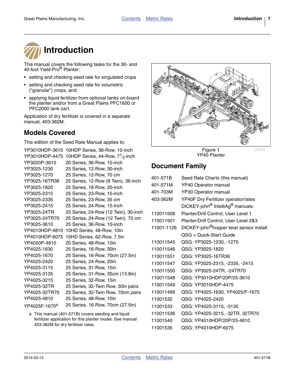 Introduction, Document family, Models covered | Introduction document family models covered | Great Plains YP4025F-1670 Material Rate User Manual | Page 3 / 82