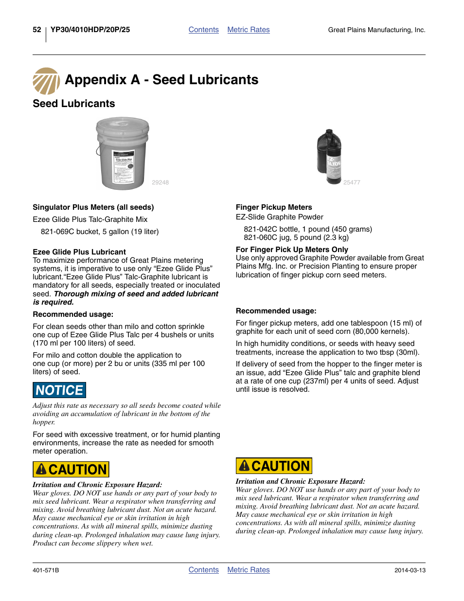 Appendix a - seed lubricants, Seed lubricants, Finger pickup meters | Appendix a - seed lubricants seed lubricants | Great Plains YP4025F-1670 Material Rate User Manual | Page 54 / 82