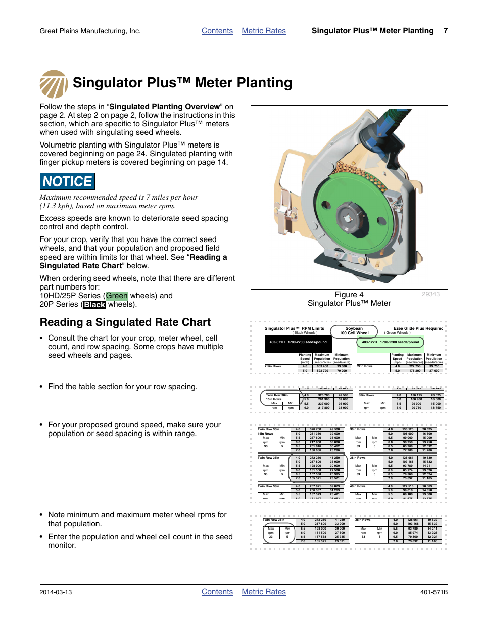 Singulator plus™ meter planting, Reading a singulated rate chart, Contents metric rates | Green black, Great plains manufacturing, inc, 571b | Great Plains YP4025F-1670 Material Rate User Manual | Page 9 / 82
