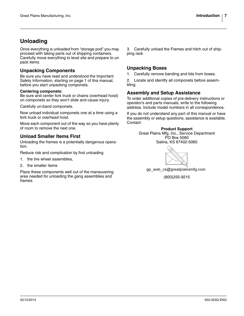 Unloading, Unpacking components, Unload smaller items first | Unpacking boxes, Assembly and setup assistance | Great Plains DVN8552 Assembly Manual User Manual | Page 11 / 140