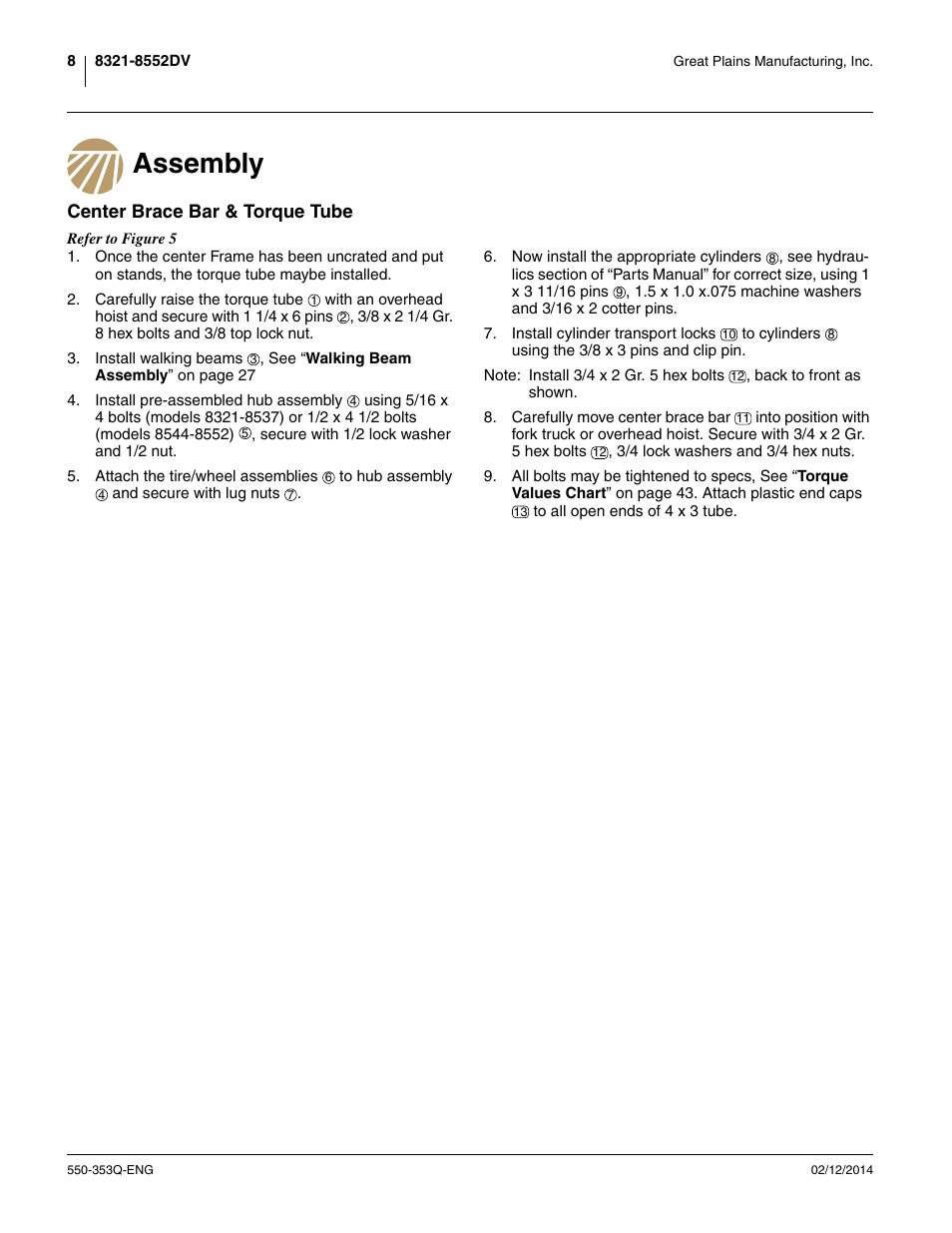 Assembly, Center brace bar & torque tube | Great Plains DVN8552 Assembly Manual User Manual | Page 12 / 140