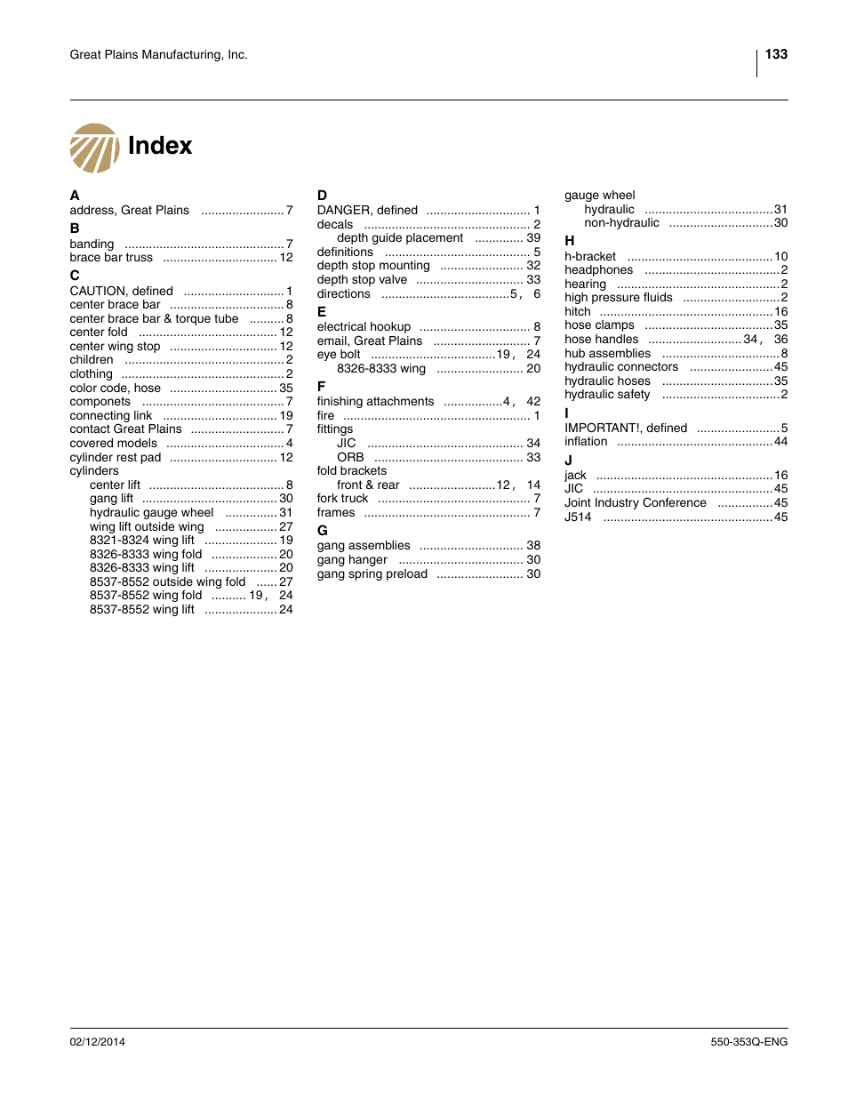 Index | Great Plains DVN8552 Assembly Manual User Manual | Page 137 / 140