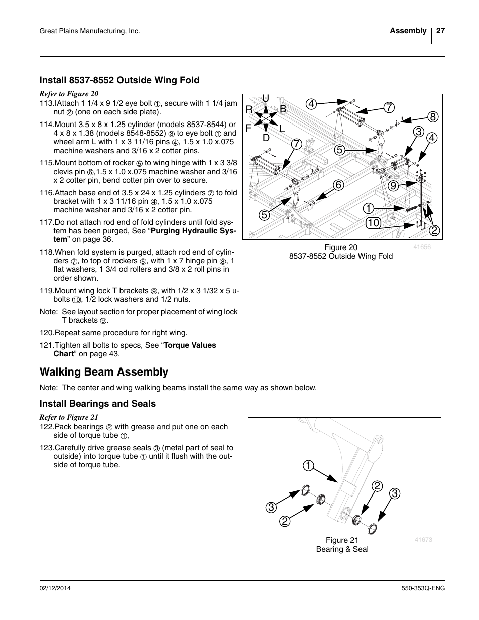 Install 8537-8552 outside wing fold, Walking beam assembly, Install bearings and seals | See “ walking beam | Great Plains DVN8552 Assembly Manual User Manual | Page 31 / 140