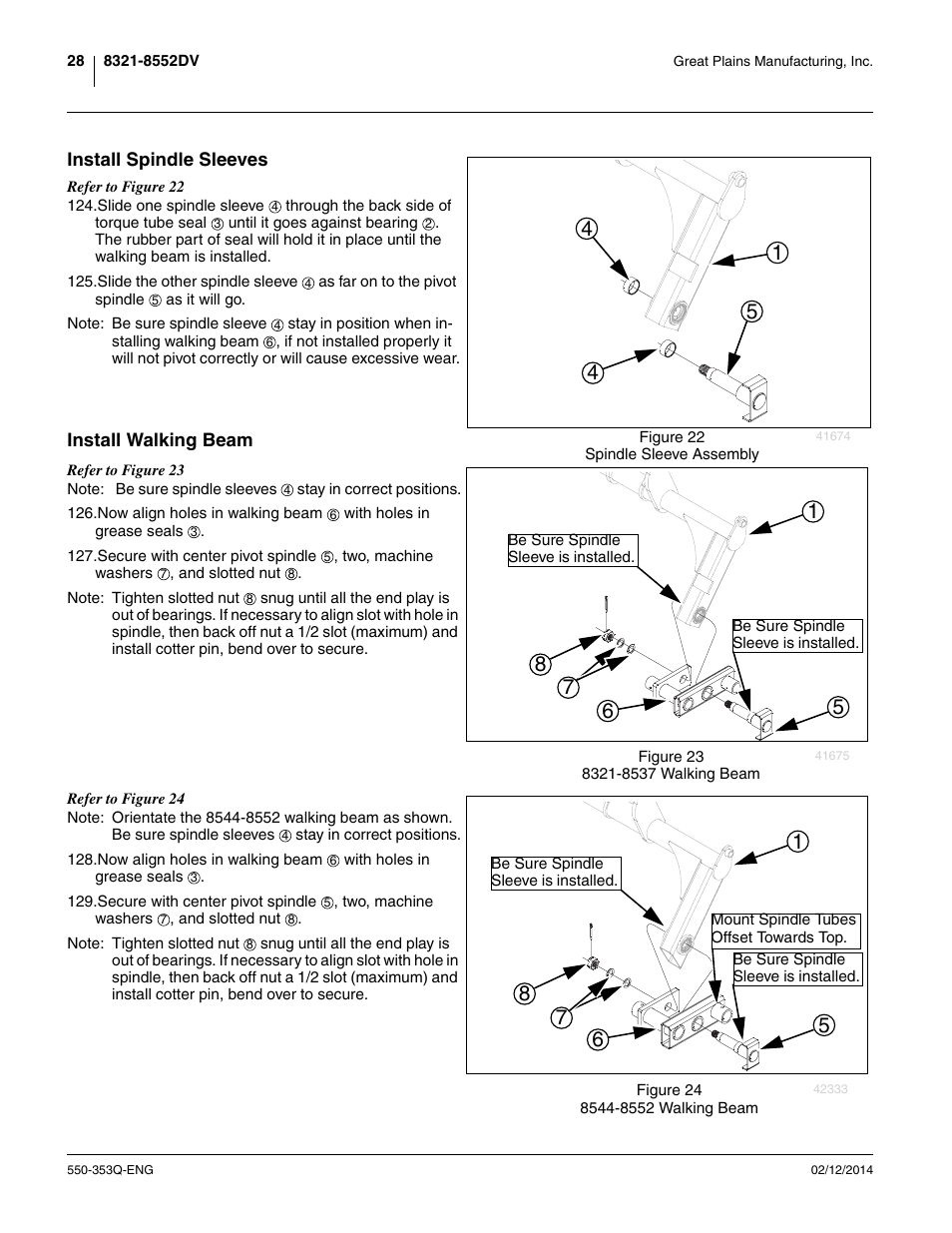 Install spindle sleeves, Install walking beam, Install spindle sleeves install walking beam | Great Plains DVN8552 Assembly Manual User Manual | Page 32 / 140