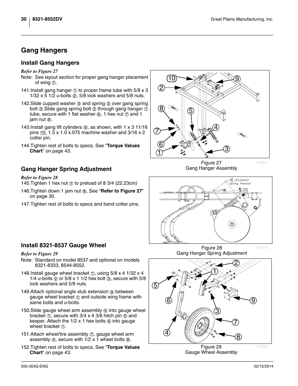 Gang hangers, Install gang hangers, Gang hanger spring adjustment | Install 8321-8537 gauge wheel | Great Plains DVN8552 Assembly Manual User Manual | Page 34 / 140