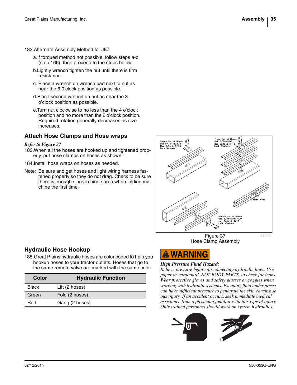 Attach hose clamps and hose wraps, Hydraulic hose hookup, See “ hydraulic hose | Great Plains DVN8552 Assembly Manual User Manual | Page 39 / 140