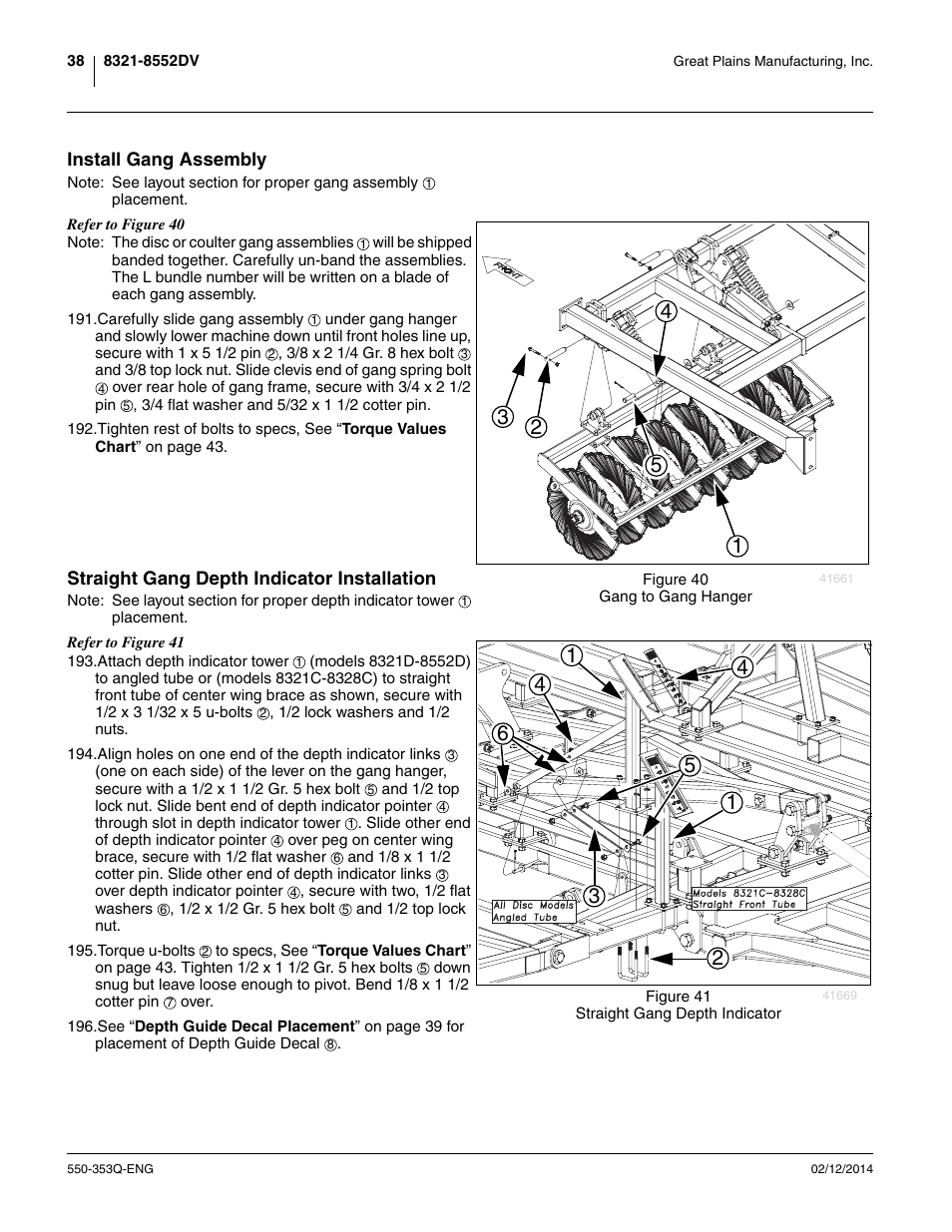 Install gang assembly, Straight gang depth indicator installation | Great Plains DVN8552 Assembly Manual User Manual | Page 42 / 140