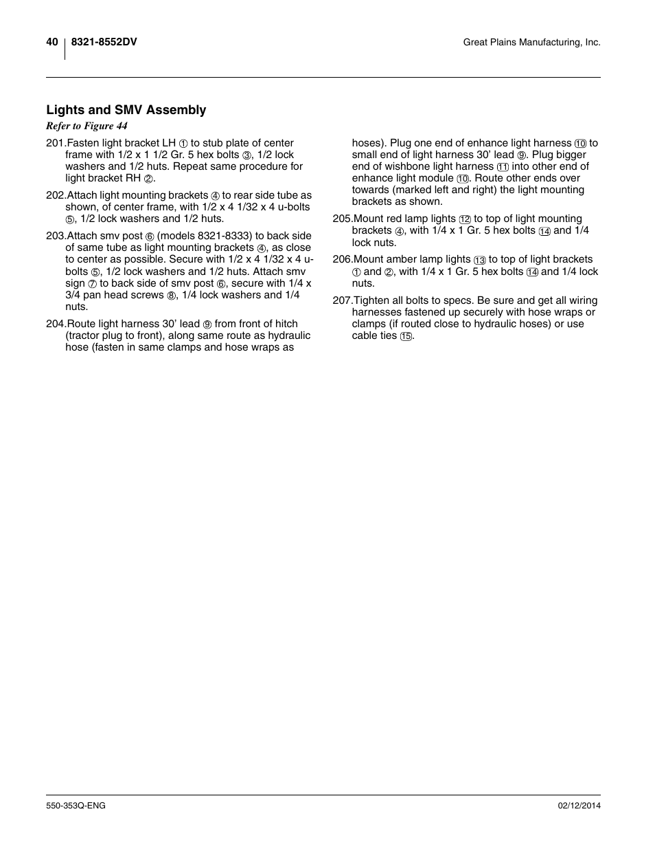 Lights and smv assembly | Great Plains DVN8552 Assembly Manual User Manual | Page 44 / 140