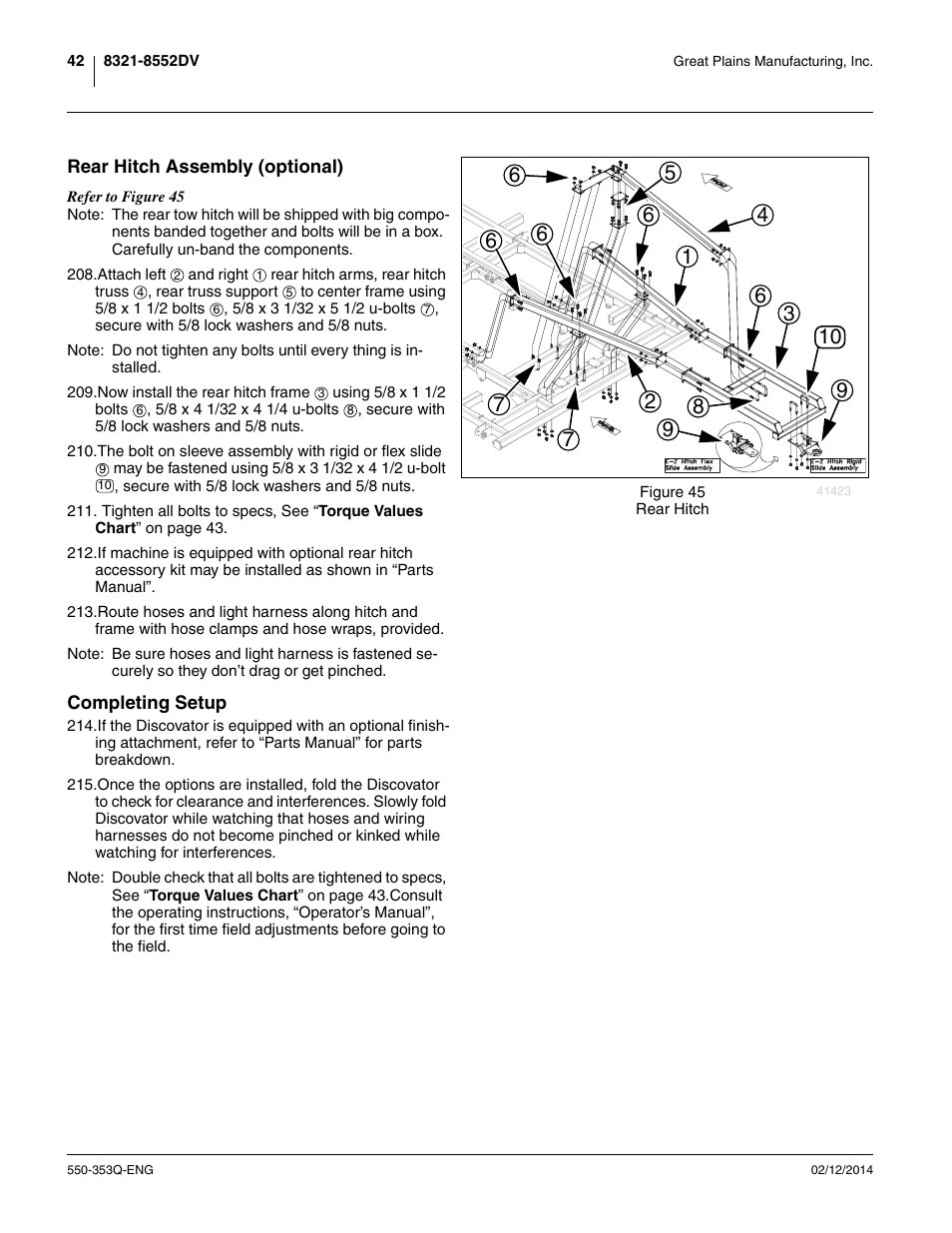 Rear hitch assembly (optional), Completing setup, Rear hitch assembly (optional) completing setup | Great Plains DVN8552 Assembly Manual User Manual | Page 46 / 140