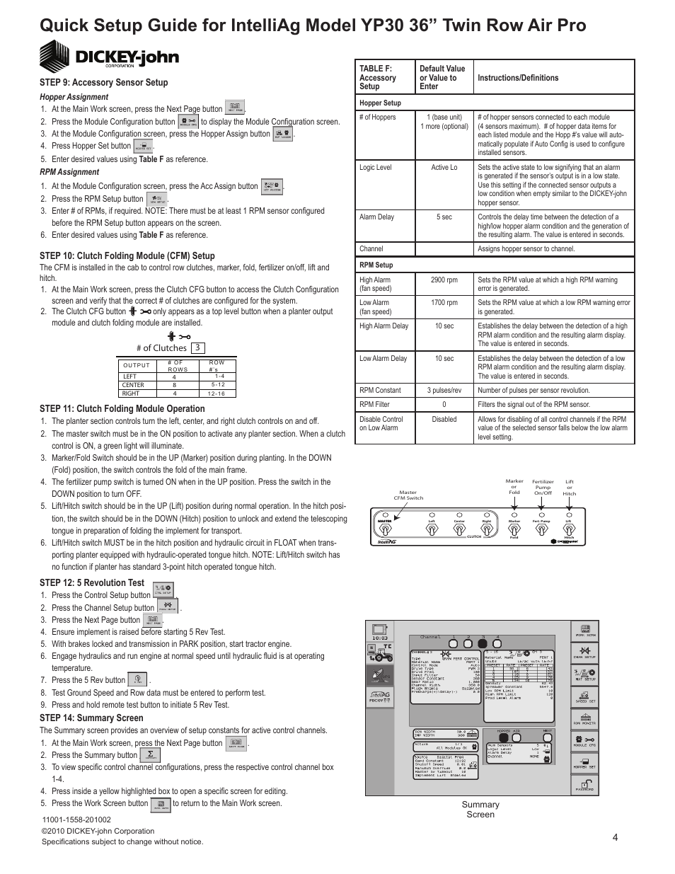 Step 12: 5 revolution test, 4step 14: summary screen, Step 11: clutch folding module operation | Step 9: accessory sensor setup, Step 10: clutch folding module (cfm) setup | Great Plains YP3025A-16TR36 16 Twin Row 36-Inch Quick Start User Manual | Page 4 / 5