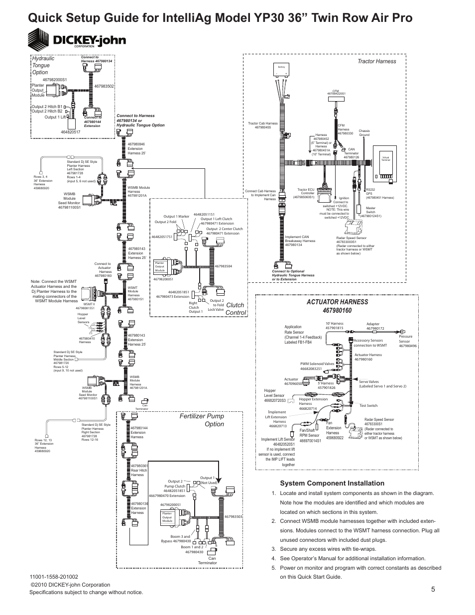 System component installation, Fertilizer pump option, Clutch control | Tractor harness, Hydraulic tongue option | Great Plains YP3025A-16TR36 16 Twin Row 36-Inch Quick Start User Manual | Page 5 / 5