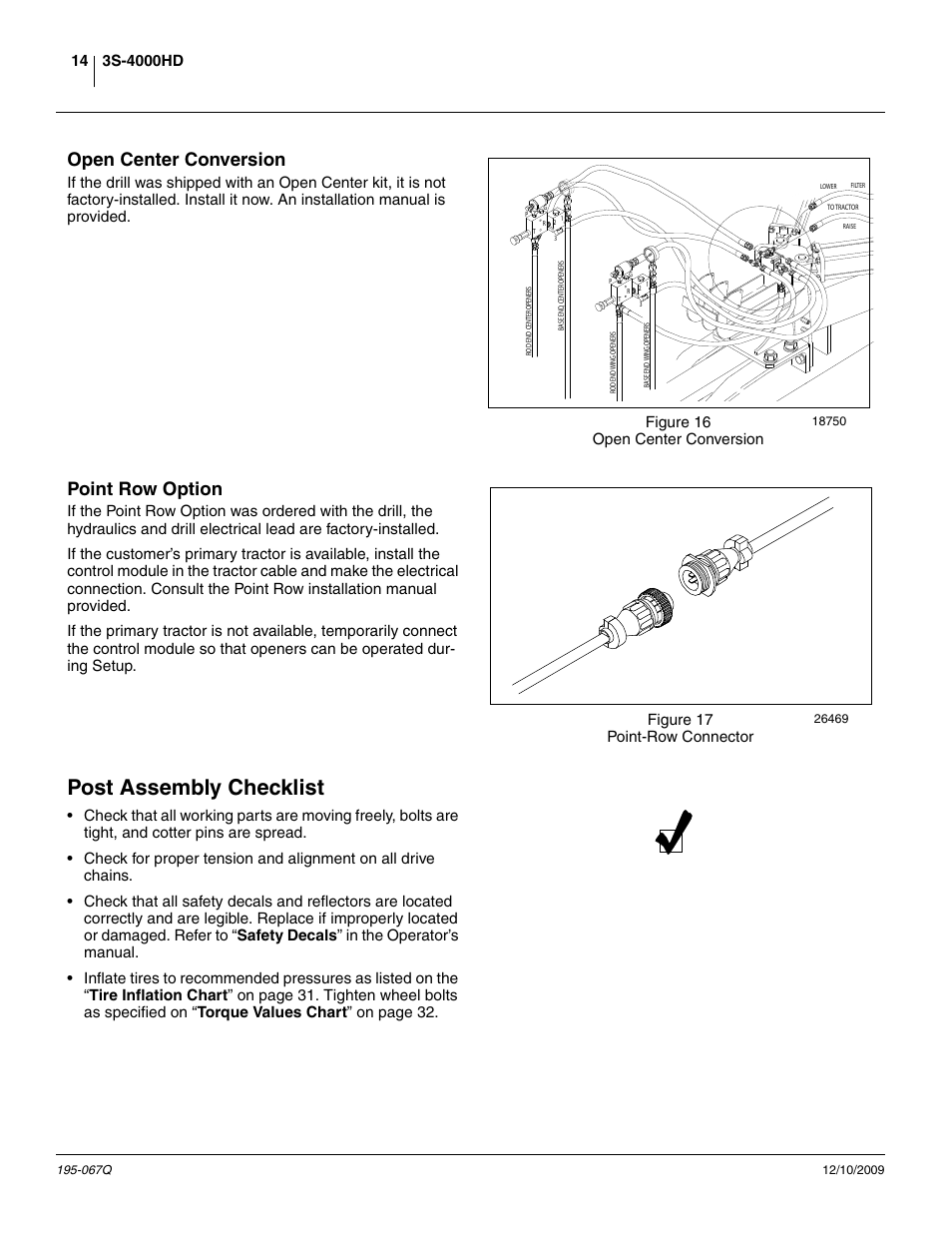 Open center conversion, Point row option, Post assembly checklist | Open center conversion point row option, Figure 16 open center conversion, Figure 17 point-row connector | Great Plains 3S-4000HDF Predelivery Manual User Manual | Page 16 / 42