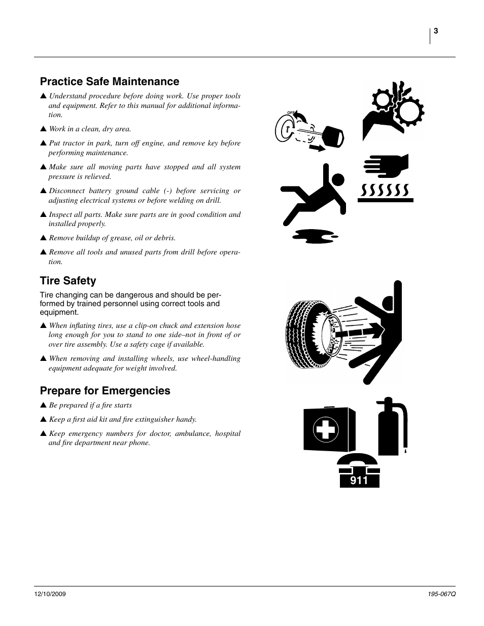 Practice safe maintenance, Tire safety, Prepare for emergencies | Great Plains 3S-4000HDF Predelivery Manual User Manual | Page 5 / 42