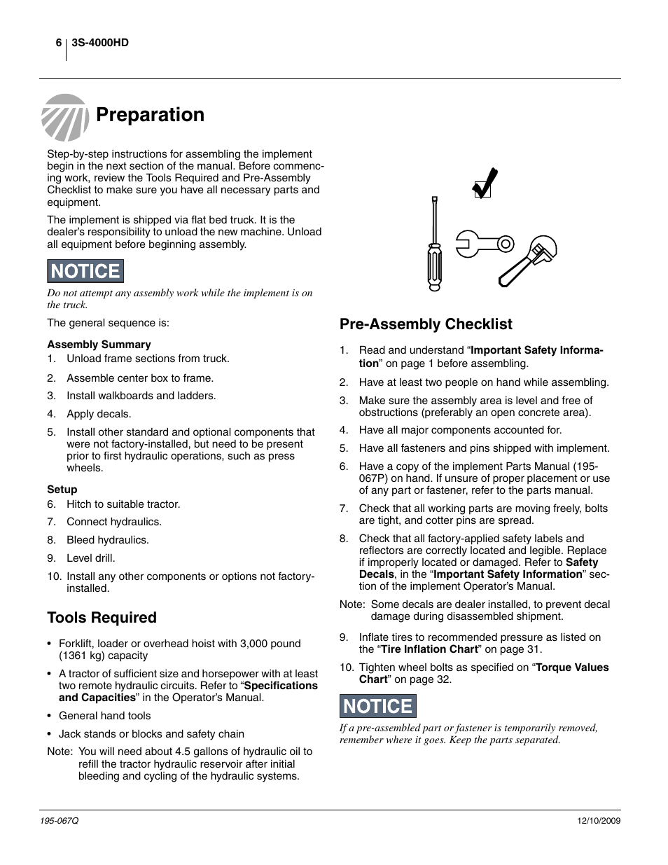Preparation, Assembly summary, Setup | Tools required, Pre-assembly checklist, Assembly summary setup, Tools required pre-assembly checklist | Great Plains 3S-4000HDF Predelivery Manual User Manual | Page 8 / 42