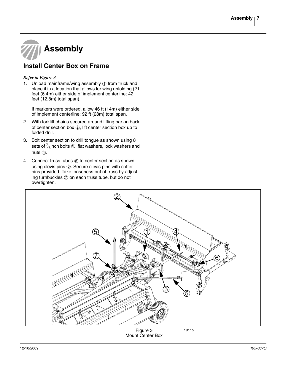 Assembly, Install center box on frame, Assembly install center box on frame | Great Plains 3S-4000HDF Predelivery Manual User Manual | Page 9 / 42