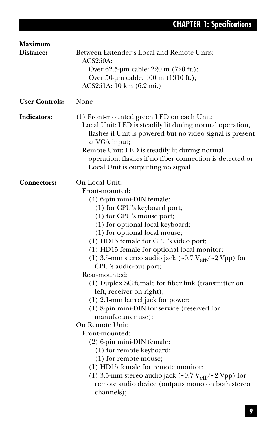 Chapter 1: specifications | Black Box ACS251A User Manual | Page 10 / 28