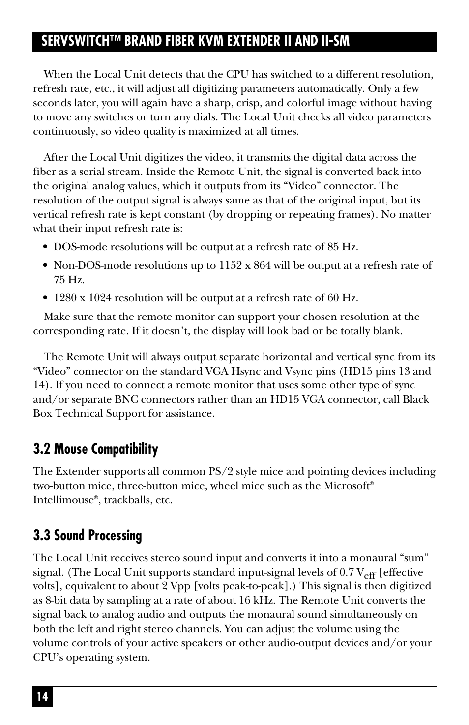 Servswitch™ brand fiber kvm extender ii and ii-sm, 2 mouse compatibility, 3 sound processing | Black Box ACS251A User Manual | Page 15 / 28
