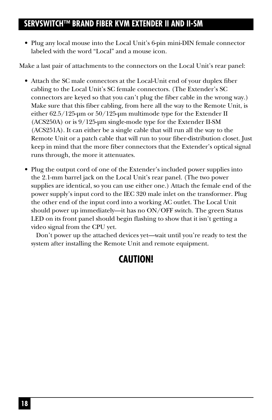 Caution, Servswitch™ brand fiber kvm extender ii and ii-sm | Black Box ACS251A User Manual | Page 19 / 28