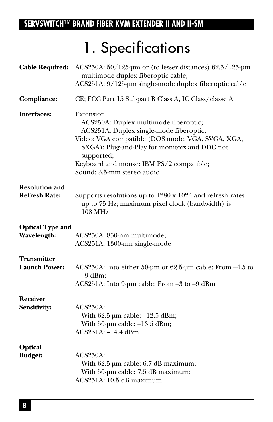 Specifications | Black Box ACS251A User Manual | Page 9 / 28