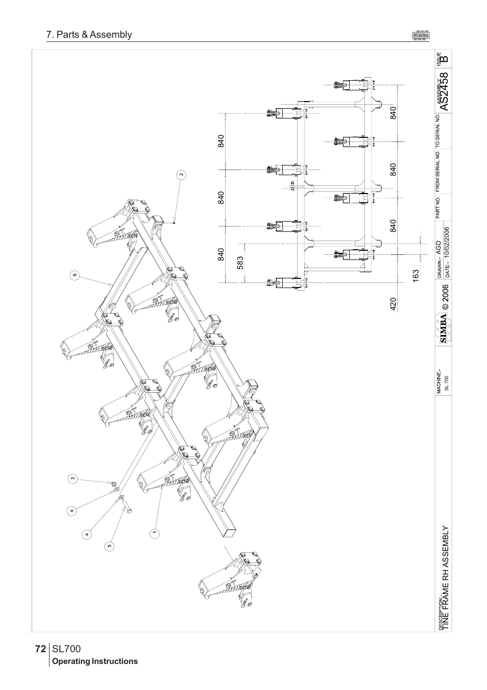 Bas2 458, Sl700, 72 7. parts & assembly | Great Plains SL700 Assembly 2009 Instructions User Manual | Page 36 / 114