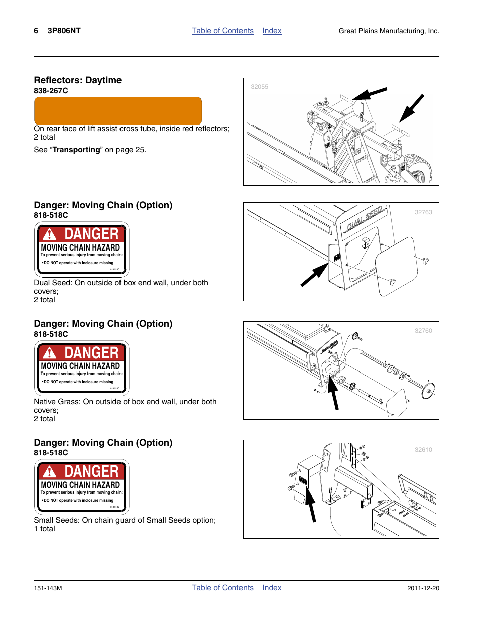Reflectors: daytime, 267c, Danger: moving chain (option) | 518c, Danger | Great Plains 3P806NT Operator Manual User Manual | Page 10 / 102