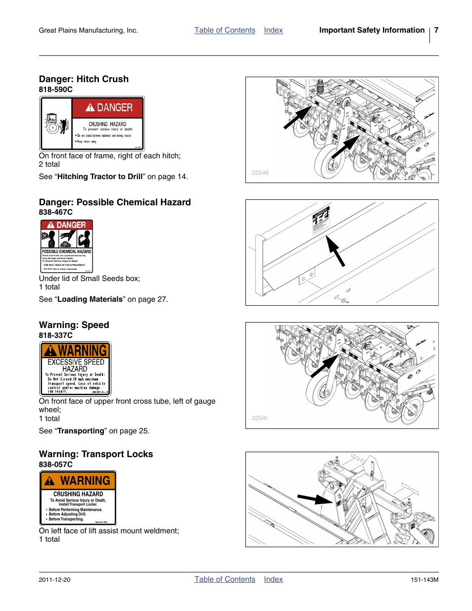 Danger: hitch crush, 590c, Danger: possible chemical hazard | 467c, Warning: speed, 337c, Warning: transport locks, 057c, Warning | Great Plains 3P806NT Operator Manual User Manual | Page 11 / 102