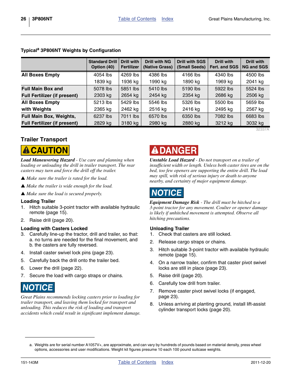 Typical 3p806nt weights by configuration, Trailer transport, Loading trailer | Loading with casters locked, Unloading trailer | Great Plains 3P806NT Operator Manual User Manual | Page 30 / 102