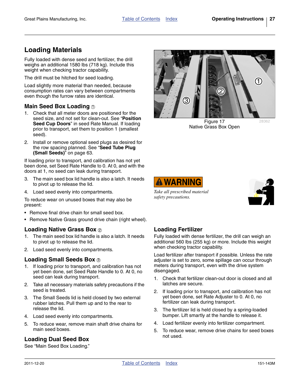 Loading materials, Main seed box loading, Loading native grass box | Loading small seeds box, Loading dual seed box, Loading fertilizer | Great Plains 3P806NT Operator Manual User Manual | Page 31 / 102