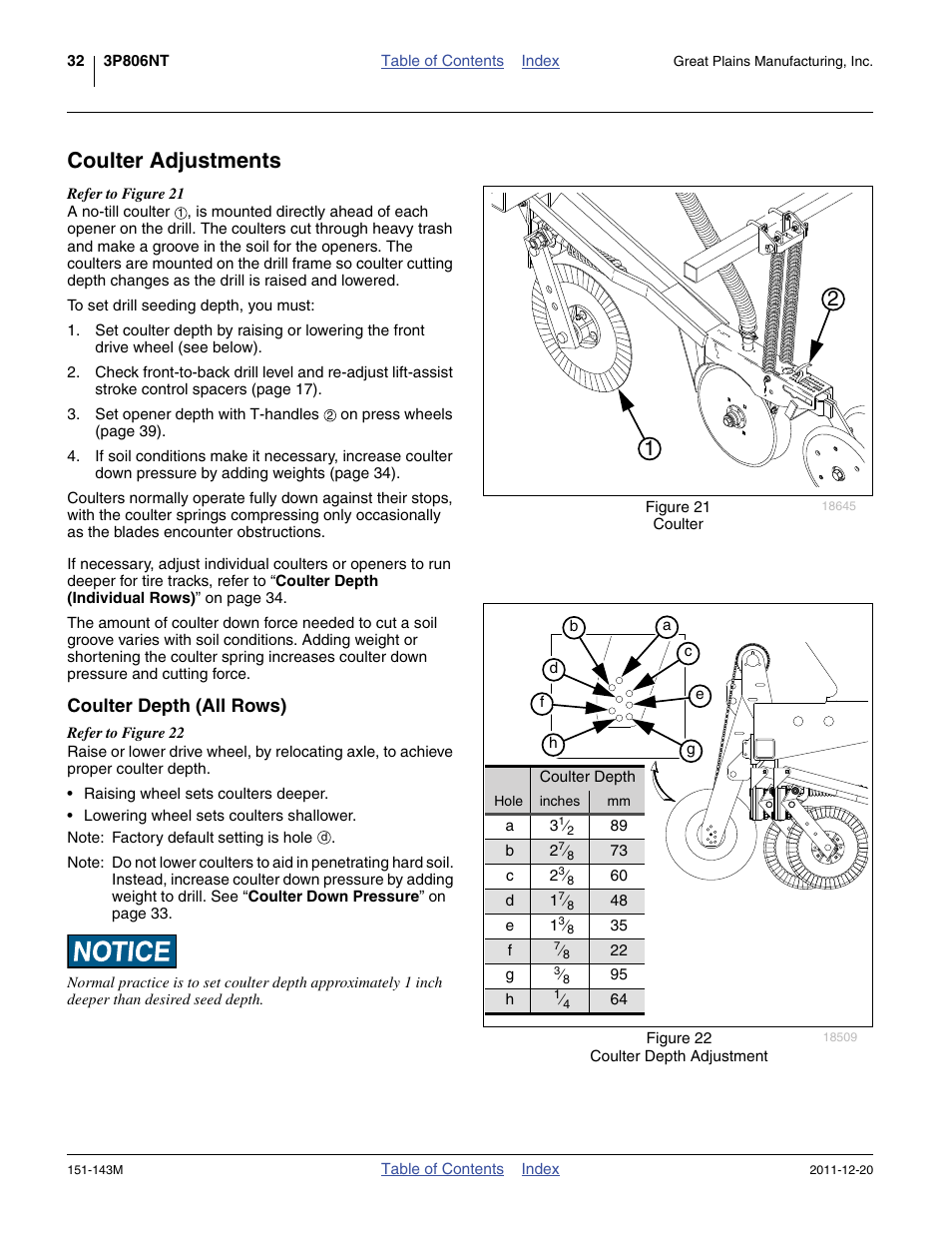 Coulter adjustments, Coulter depth (all rows) | Great Plains 3P806NT Operator Manual User Manual | Page 36 / 102