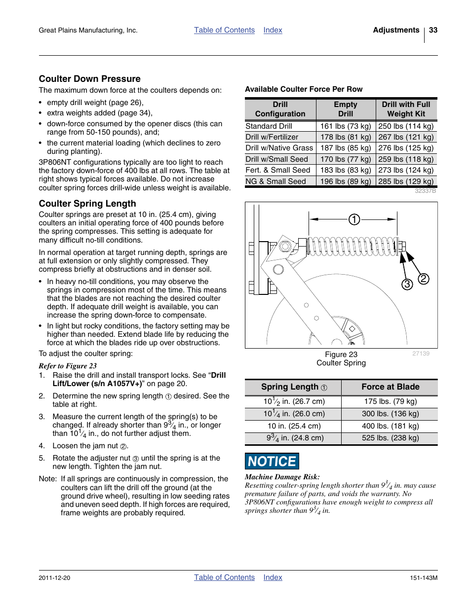 Coulter down pressure, Available coulter force per row, Coulter spring length | Great Plains 3P806NT Operator Manual User Manual | Page 37 / 102
