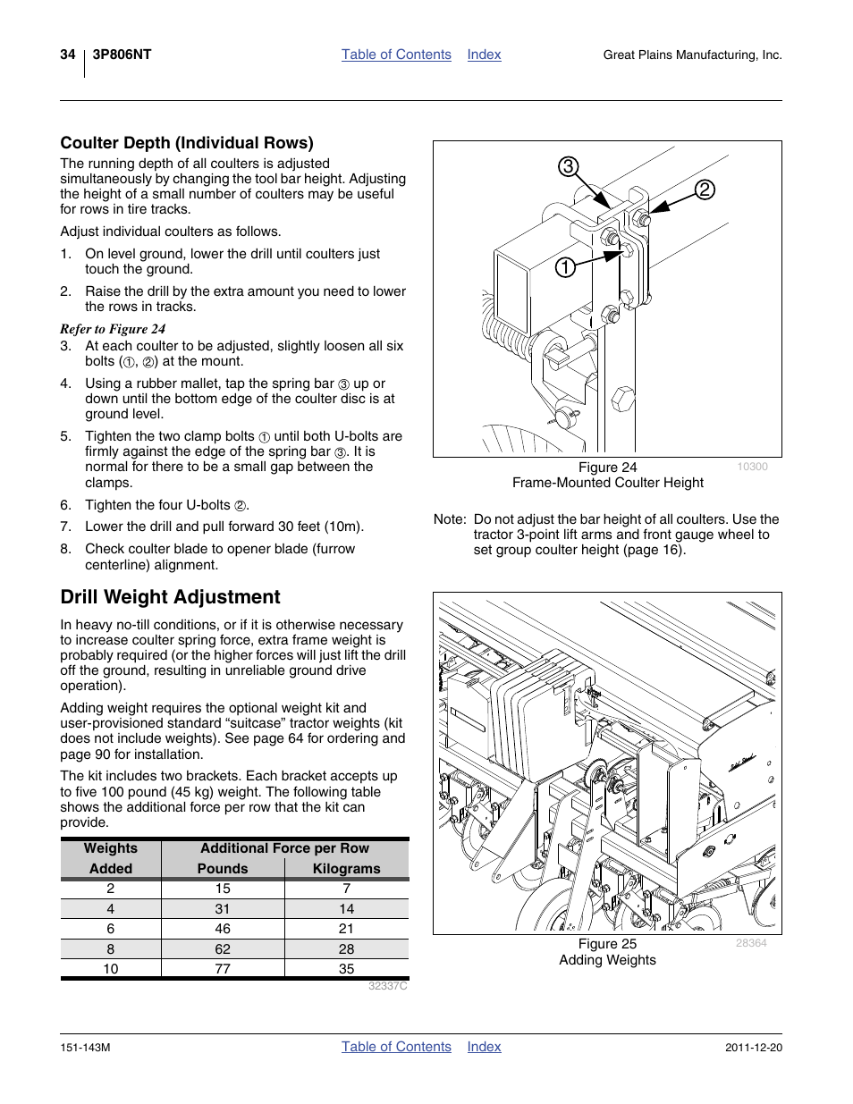 Coulter depth (individual rows), Drill weight adjustment | Great Plains 3P806NT Operator Manual User Manual | Page 38 / 102