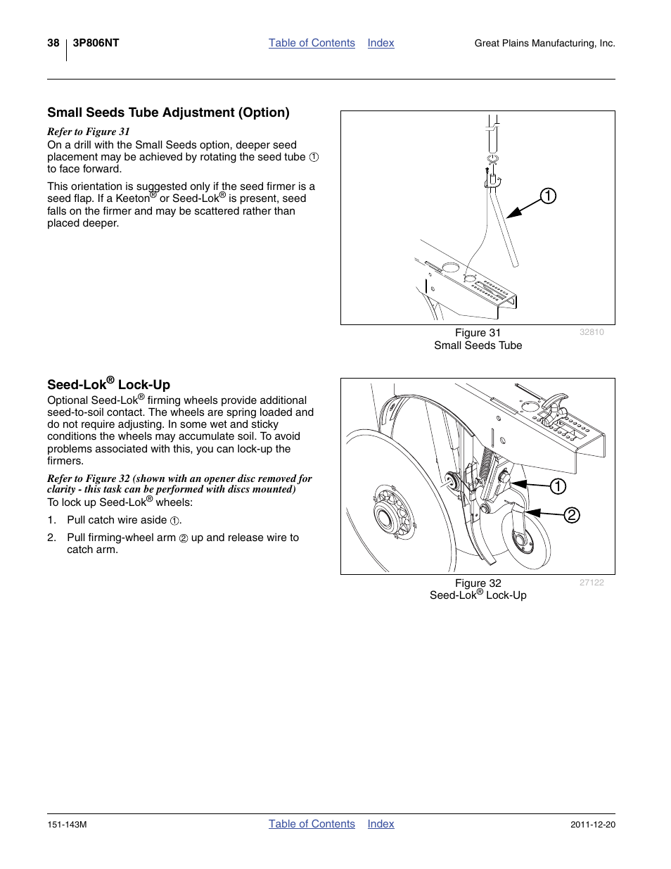 Small seeds tube adjustment (option), Seed-lok® lock-up, Small seeds tube adjustment (option) seed-lok | Es seed-soil contact. see “ seed-lok | Great Plains 3P806NT Operator Manual User Manual | Page 42 / 102