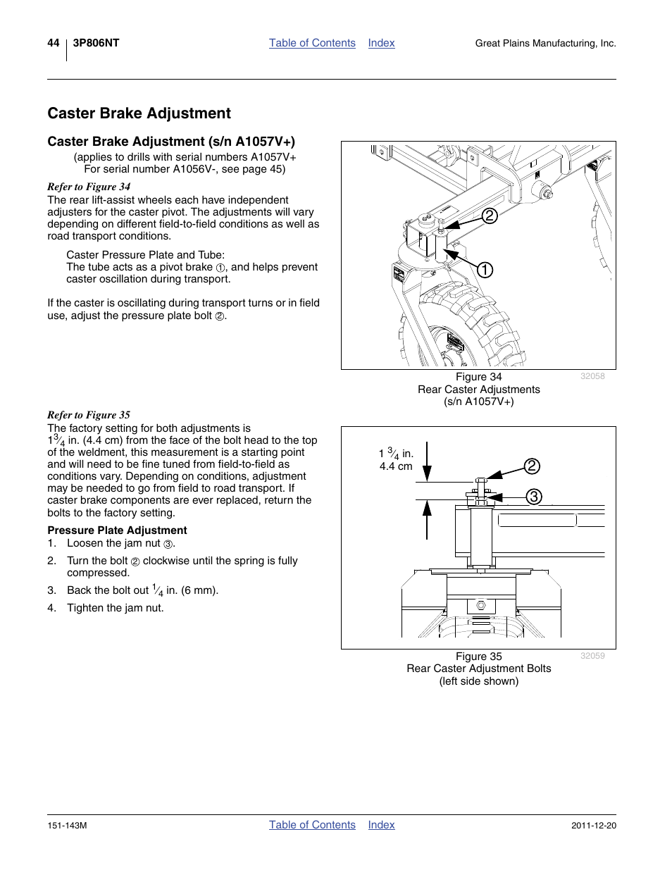 Caster brake adjustment, Caster brake adjustment (s/n a1057v+), Pressure plate adjustment | Great Plains 3P806NT Operator Manual User Manual | Page 48 / 102