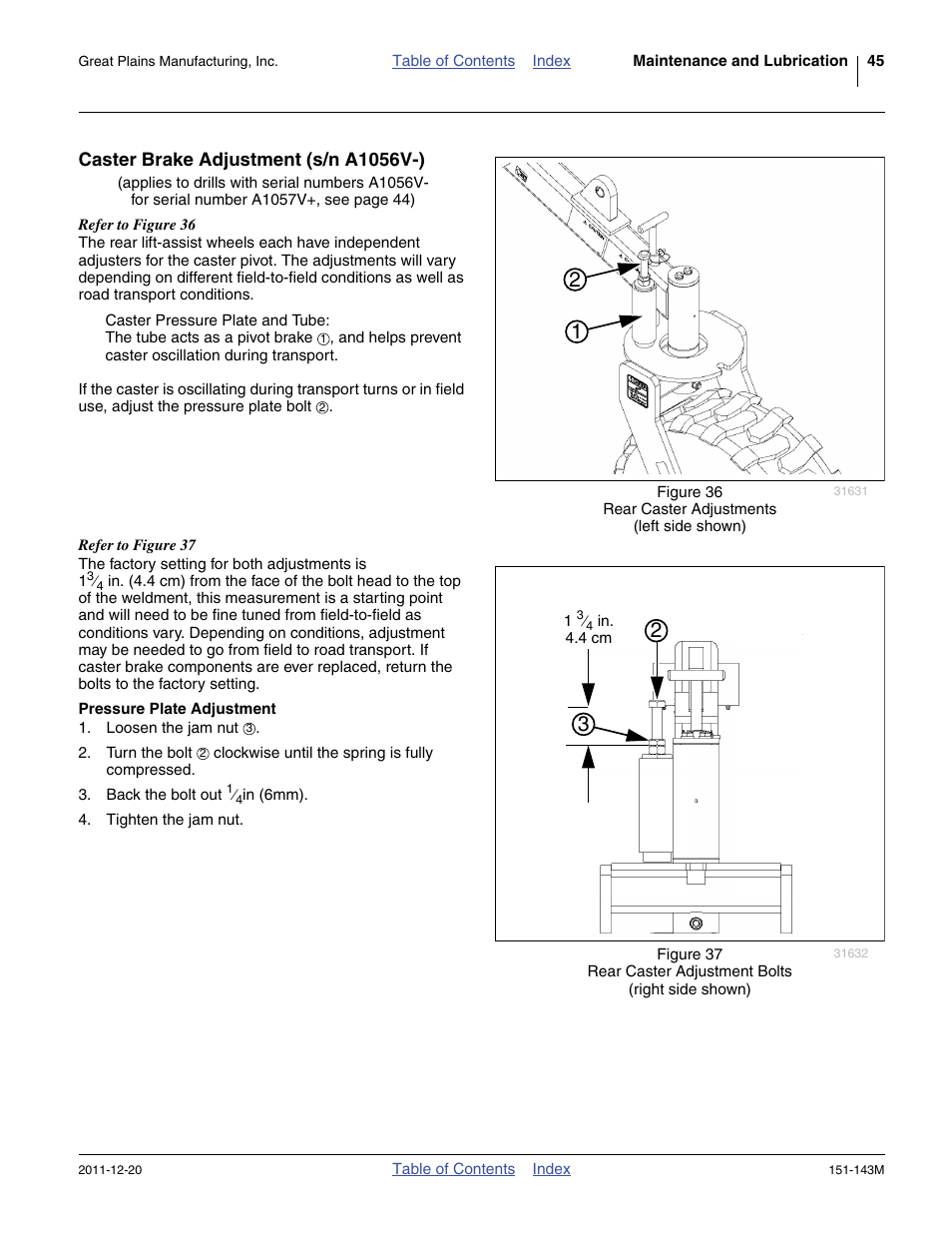 Caster brake adjustment (s/n a1056v-), Pressure plate adjustment | Great Plains 3P806NT Operator Manual User Manual | Page 49 / 102