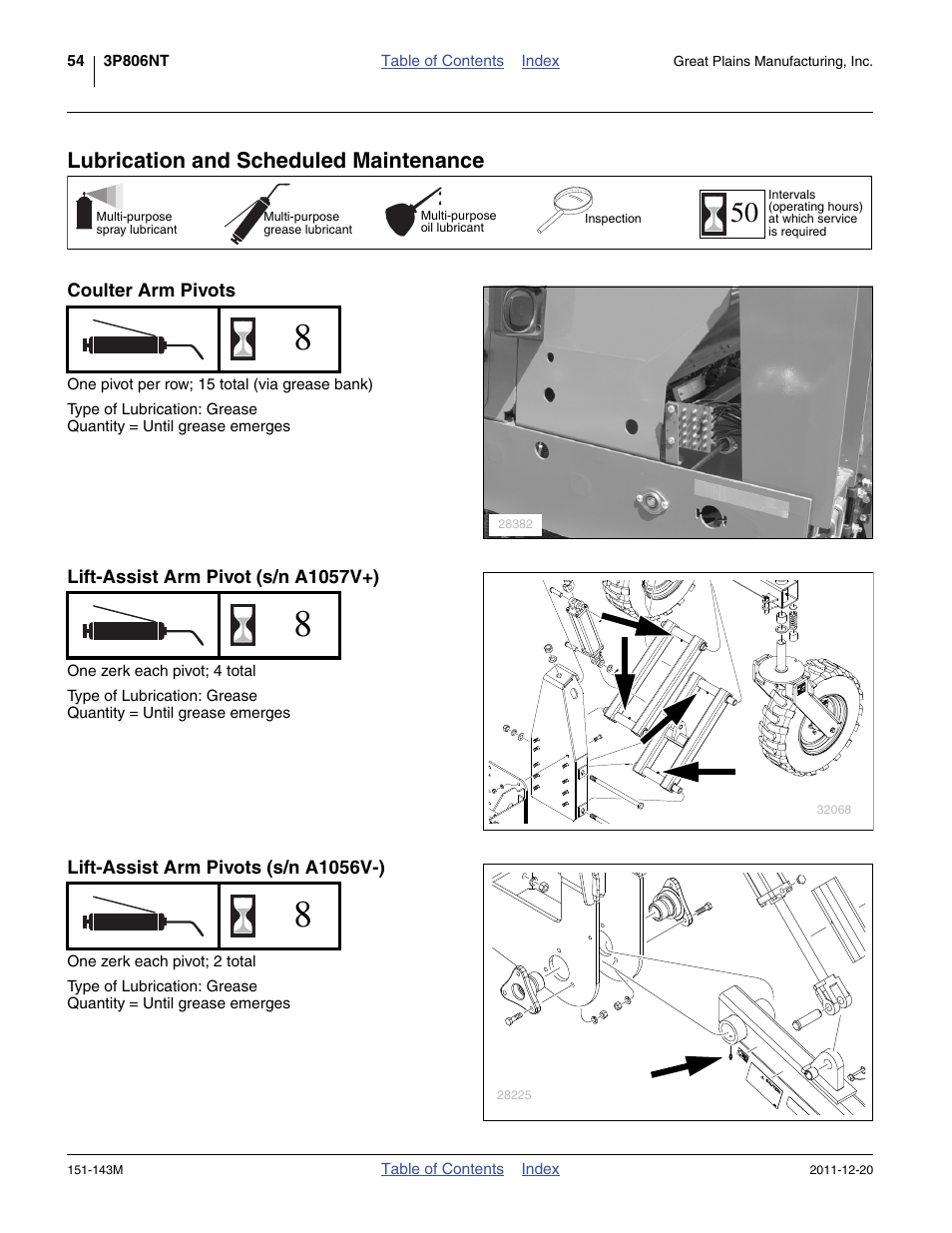 Lubrication and scheduled maintenance, Coulter arm pivots, Lift-assist arm pivot (s/n a1057v+) | Lift-assist arm pivots (s/n a1056v-), Icate areas noted under “ lubrication and, Scheduled maintenance | Great Plains 3P806NT Operator Manual User Manual | Page 58 / 102