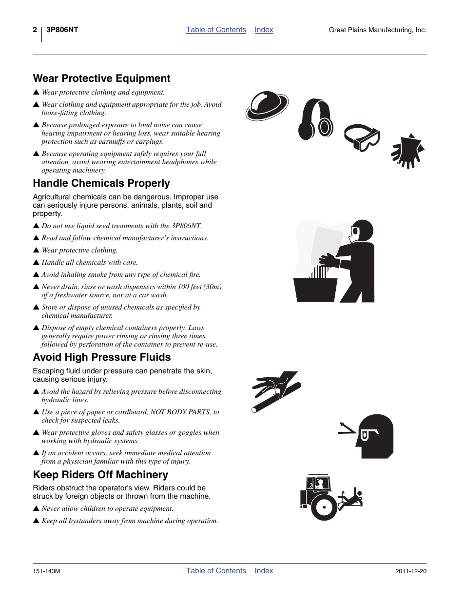 Wear protective equipment, Handle chemicals properly, Avoid high pressure fluids | Keep riders off machinery | Great Plains 3P806NT Operator Manual User Manual | Page 6 / 102