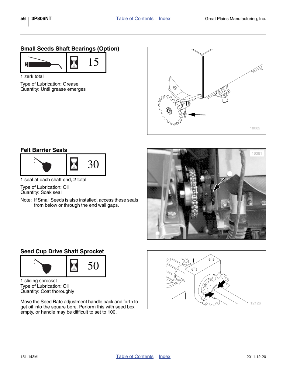 Small seeds shaft bearings (option), Felt barrier seals, Seed cup drive shaft sprocket | Great Plains 3P806NT Operator Manual User Manual | Page 60 / 102