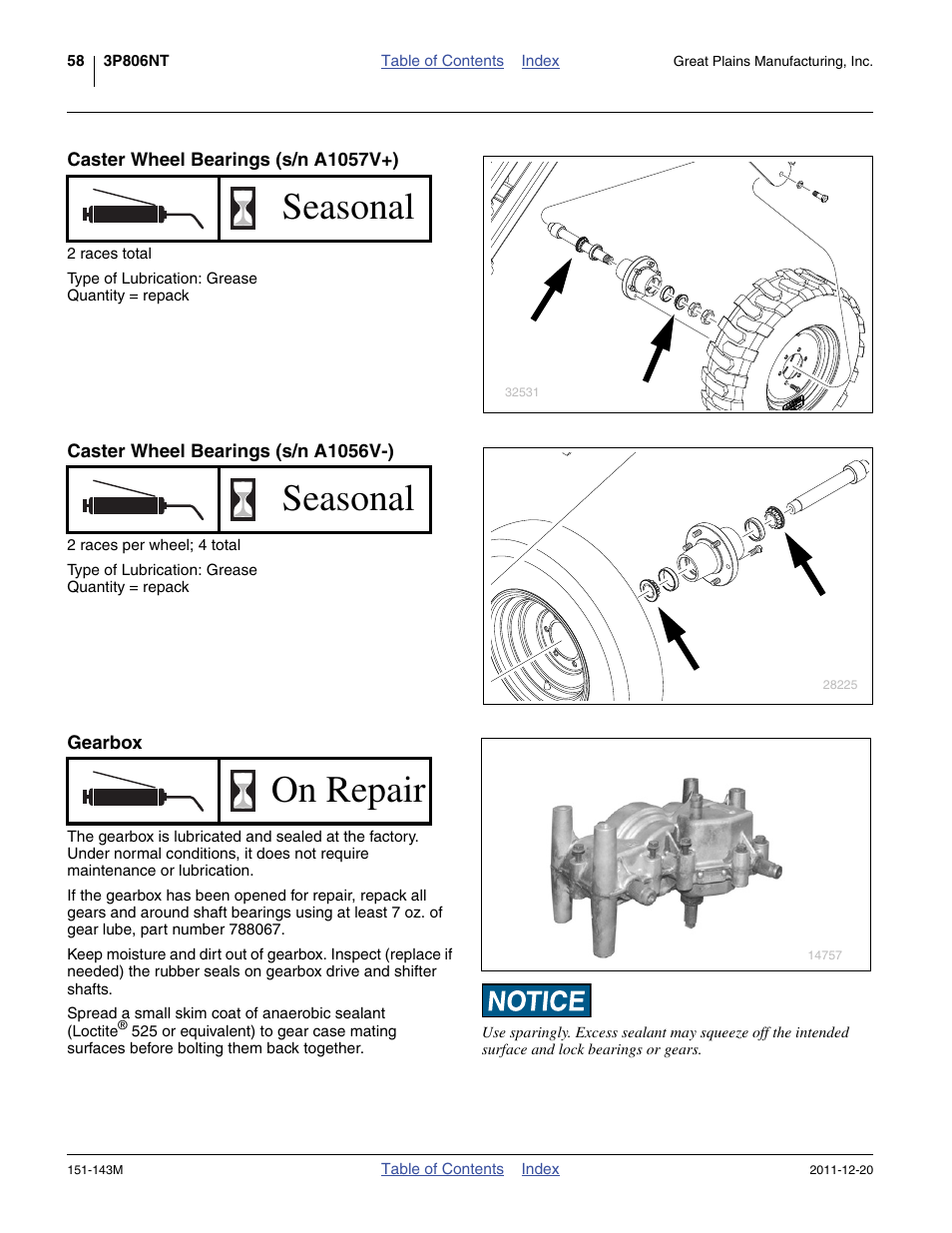 Caster wheel bearings (s/n a1057v+), Caster wheel bearings (s/n a1056v-), Gearbox | Seasonal, On repair | Great Plains 3P806NT Operator Manual User Manual | Page 62 / 102