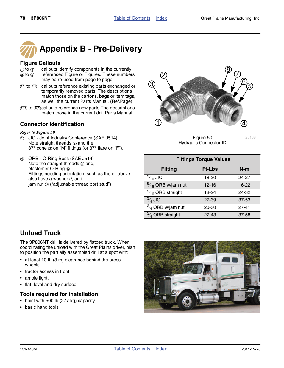 Appendix b - pre-delivery, Figure callouts, Connector identification | Unload truck, Tools required for installation | Great Plains 3P806NT Operator Manual User Manual | Page 82 / 102