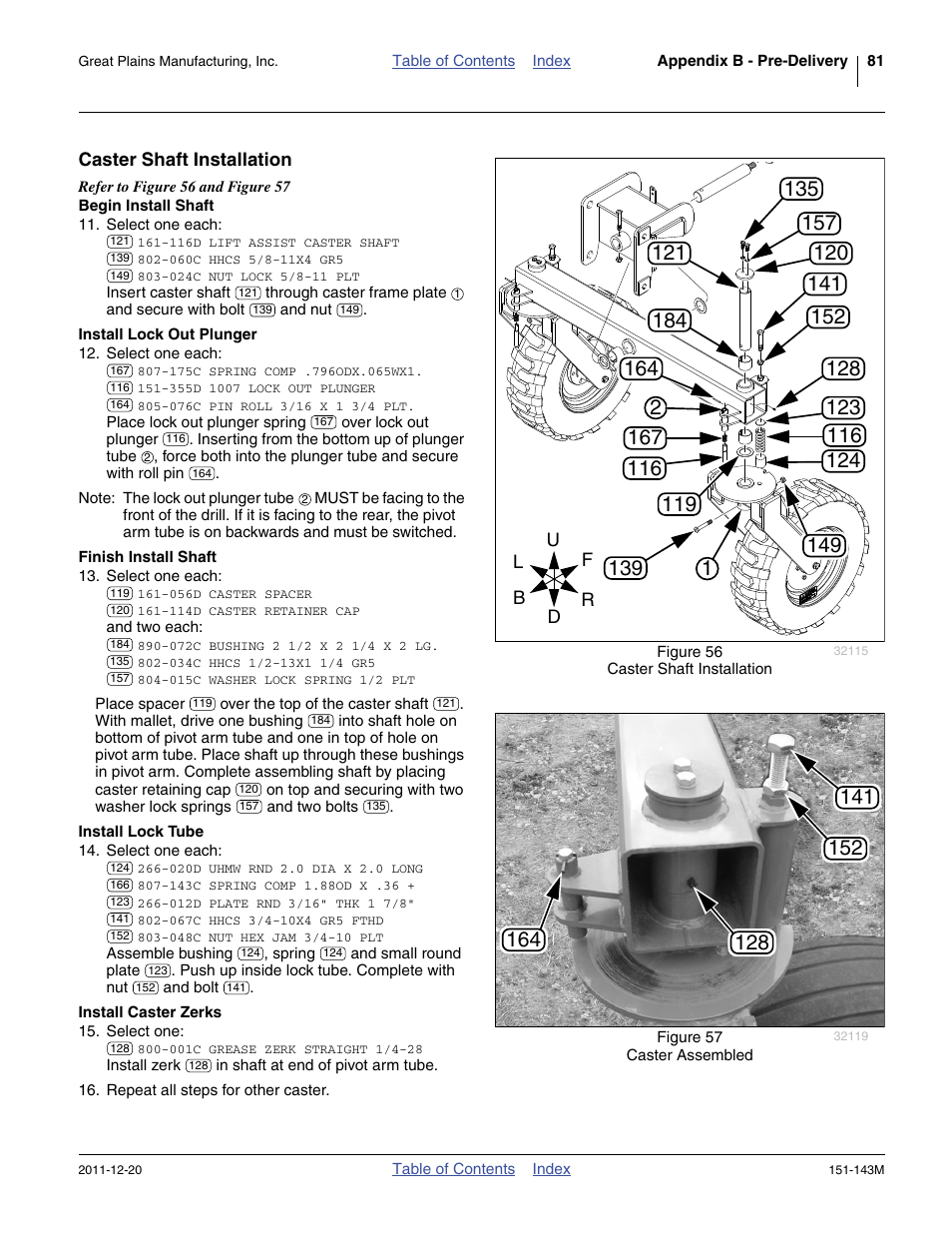 Caster shaft installation, Begin install shaft, Install lock out plunger | Finish install shaft, Install lock tube, Install caster zerks | Great Plains 3P806NT Operator Manual User Manual | Page 85 / 102