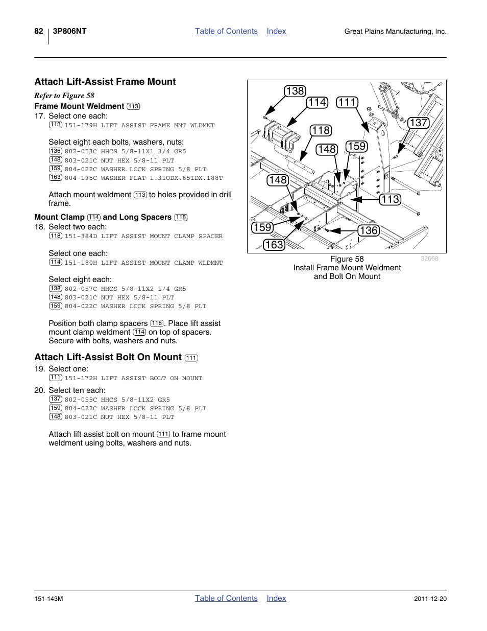 Attach lift-assist frame mount, Frame mount weldment, Mount clamp and long spacers | Attach lift-assist bolt on mount | Great Plains 3P806NT Operator Manual User Manual | Page 86 / 102