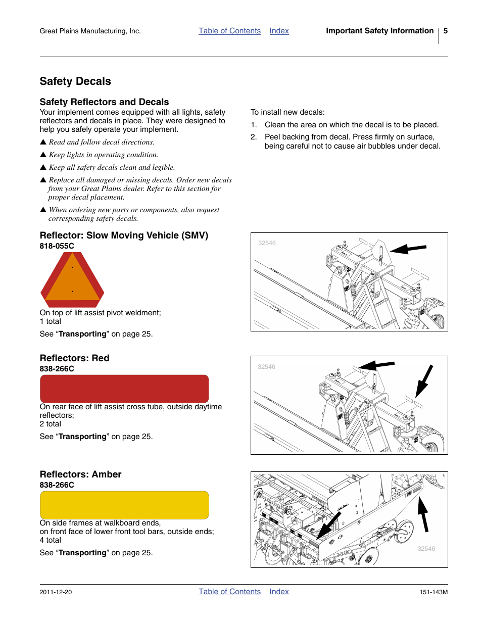 Safety decals, Safety reflectors and decals, Reflector: slow moving vehicle (smv) | 055c, Reflectors: red, 266c, Reflectors: amber | Great Plains 3P806NT Operator Manual User Manual | Page 9 / 102