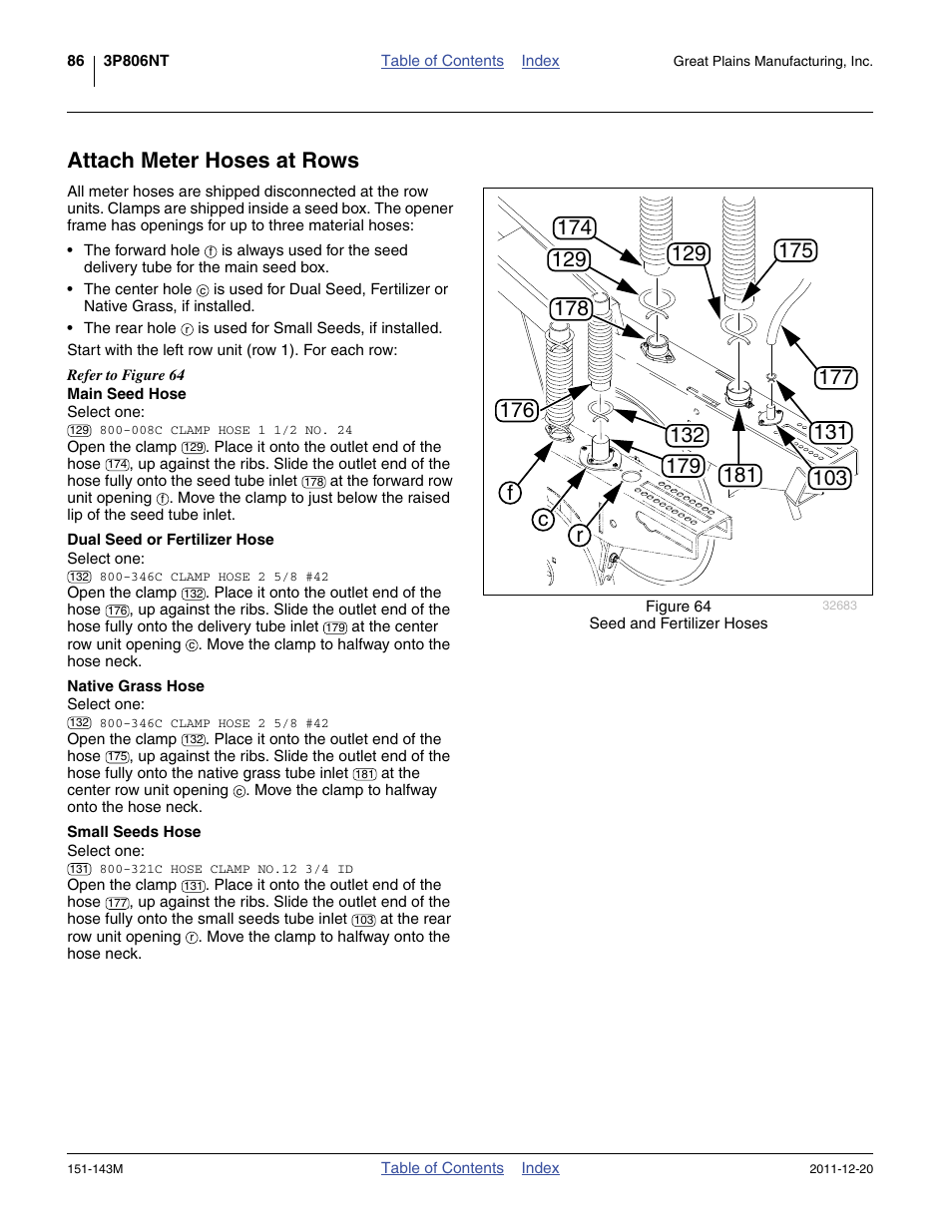 Attach meter hoses at rows, Main seed hose, Dual seed or fertilizer hose | Native grass hose, Small seeds hose | Great Plains 3P806NT Operator Manual User Manual | Page 90 / 102
