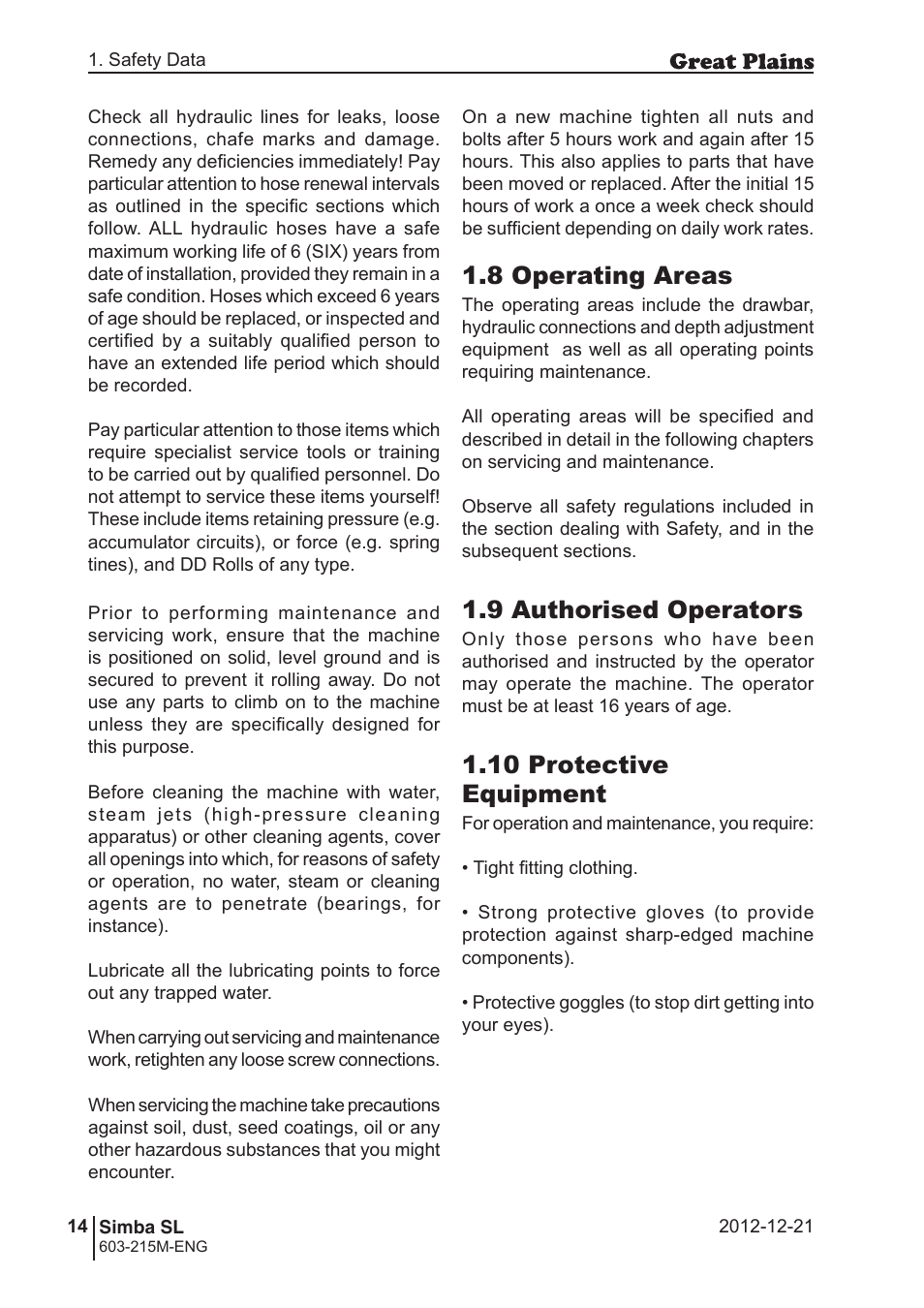 8 operating areas, 9 authorised operators, 10 protective equipment | Great Plains SL600 Operator Manual User Manual | Page 14 / 36